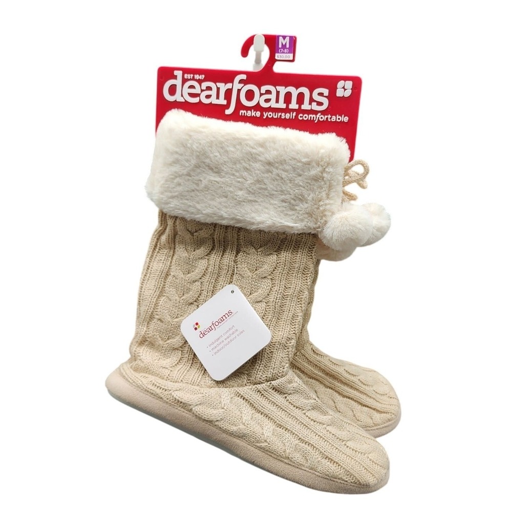 Dearfoams Cable Knit Bootie Womens Medium 7-8 Oatmeal‎ Faux Fur Slipper DF770